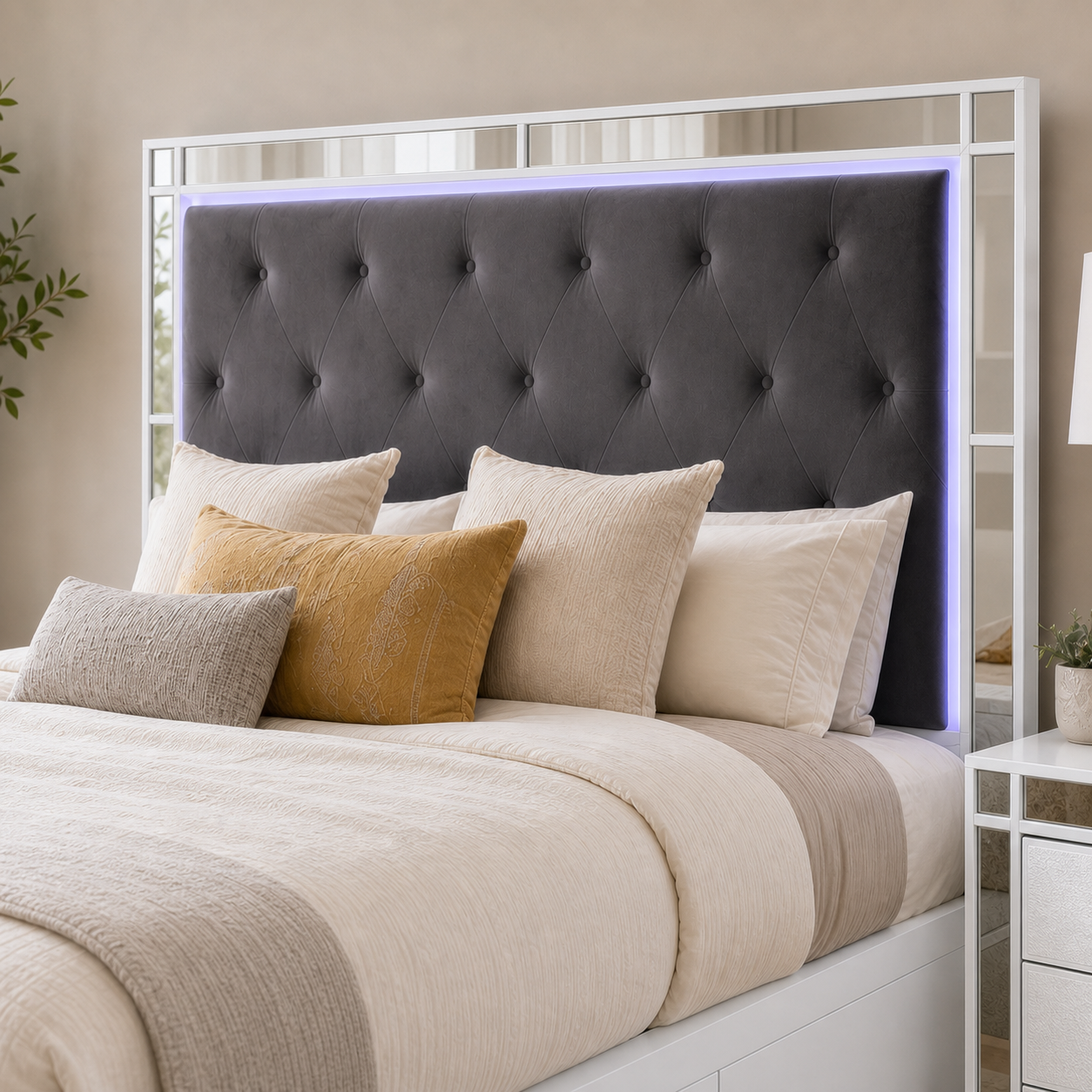 Monaco White Mirrored LED Storage Bed Frame with Side Drawers