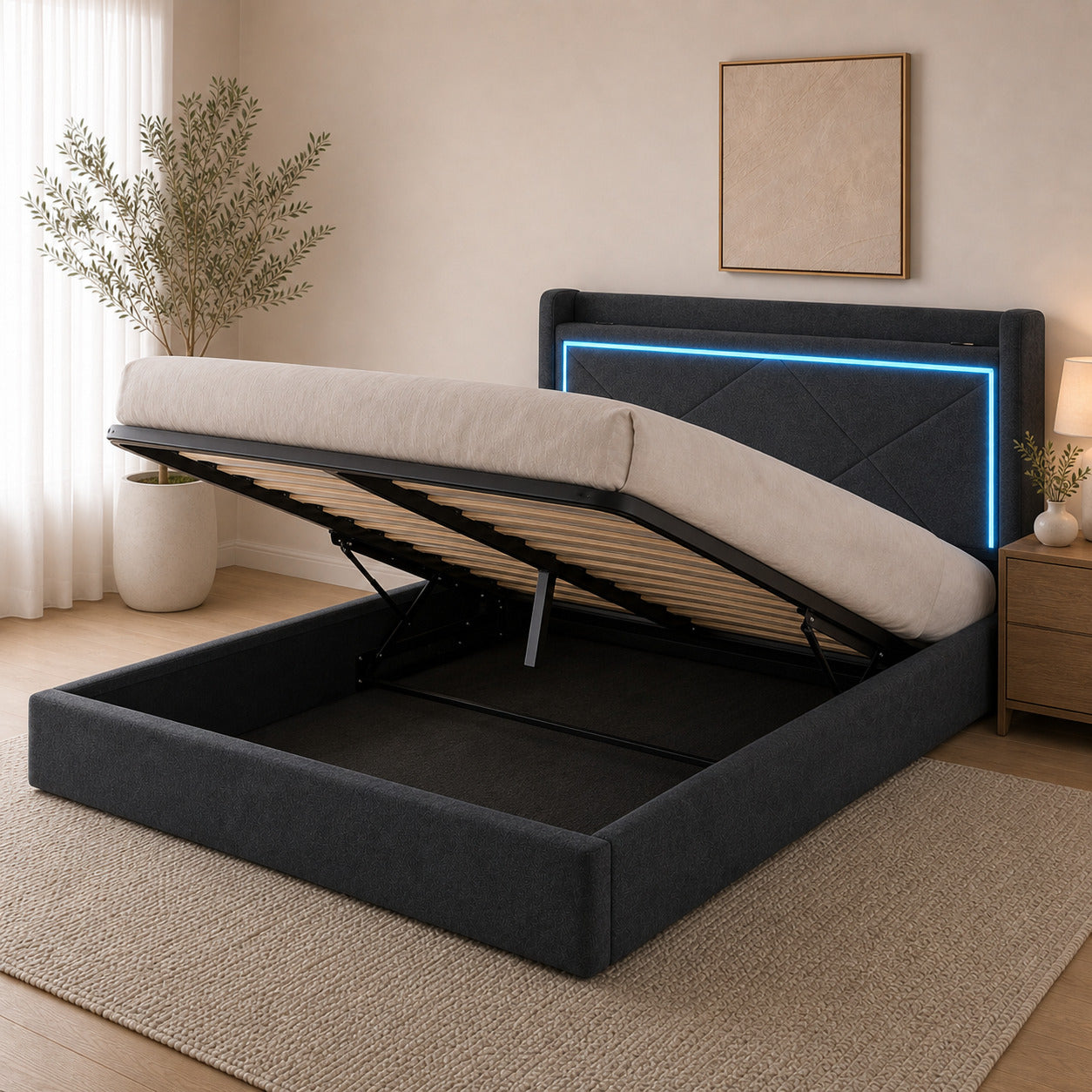 Moonlight Gas Lift Storage Bed With LED