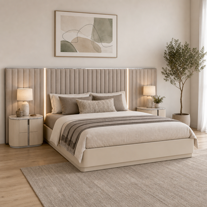 Cottesloe Gas-Lift Storage Bed with LED Headboard – Beige