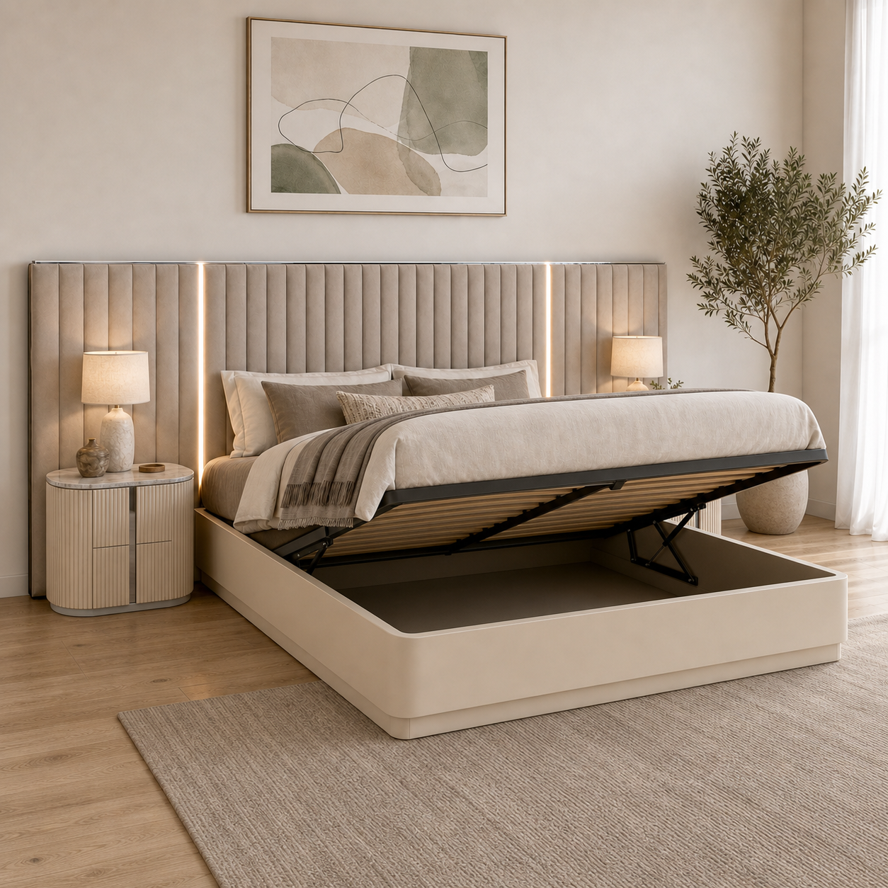 Cottesloe Gas-Lift Storage Bed with LED Headboard – Beige