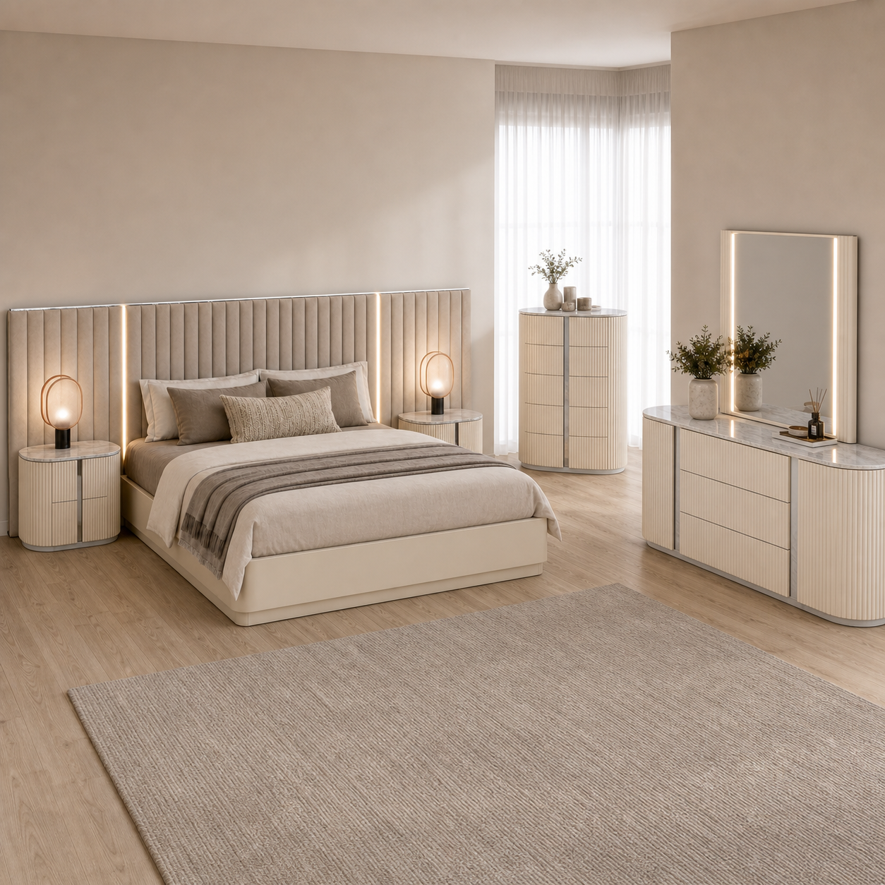 Cottesloe Gas-Lift Storage Bed with LED Headboard – Beige