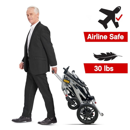Fold and ride pull along electric wheelchair