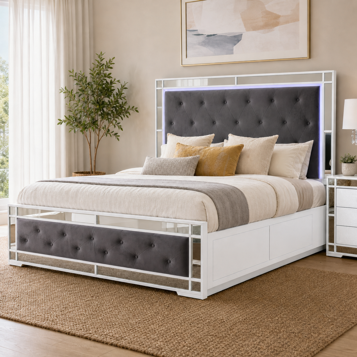 Monaco White Mirrored LED Storage Bed Frame with Side Drawers