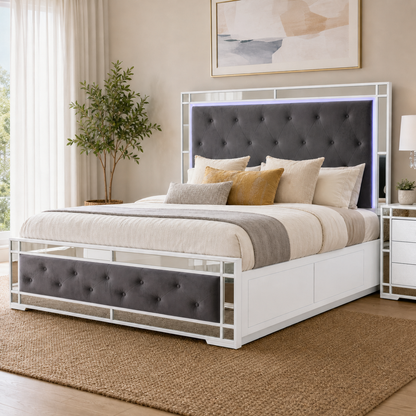 Monaco White Mirrored LED Storage Bed Frame with Side Drawers
