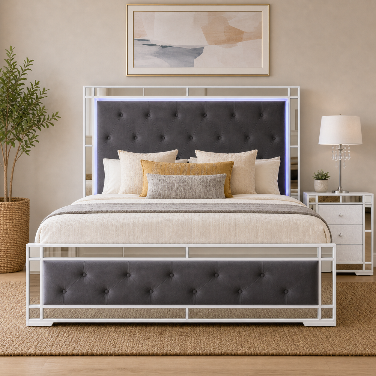 Monaco White Mirrored LED Storage Bed Frame with Side Drawers