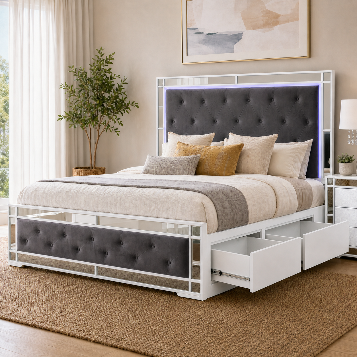 Monaco White Mirrored LED Storage Bed Frame with Side Drawers