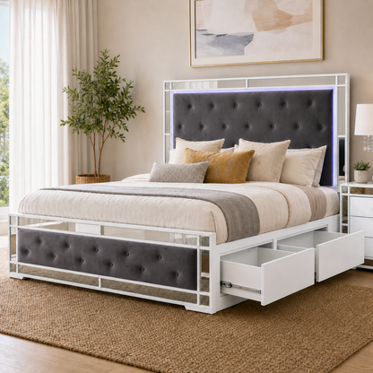 Monaco White Mirrored LED Storage Bed Frame with Side Drawers