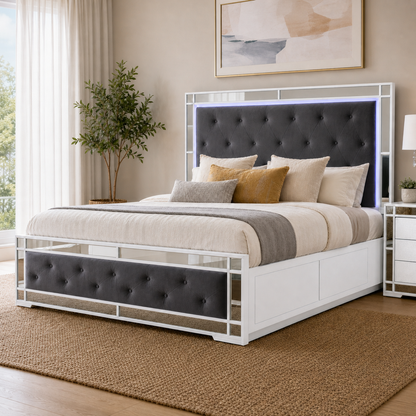 Monaco White Mirrored LED Storage Bed Frame with Side Drawers