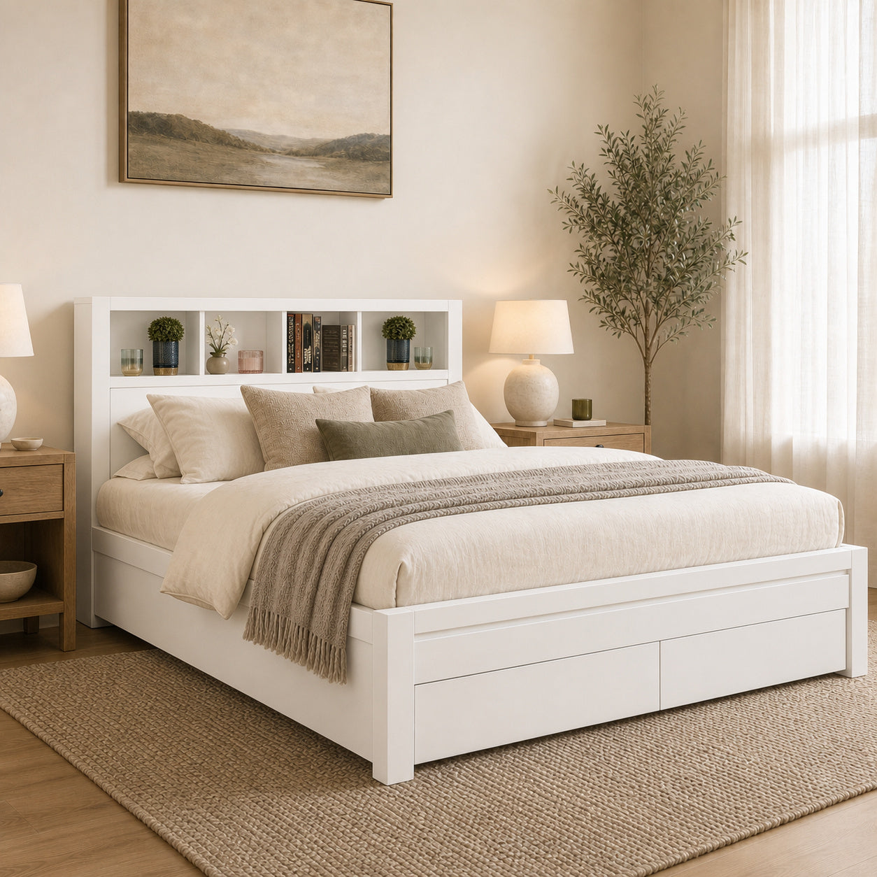 Riviera White Gloss Storage Bed with LED Headboard & Wireless Charging