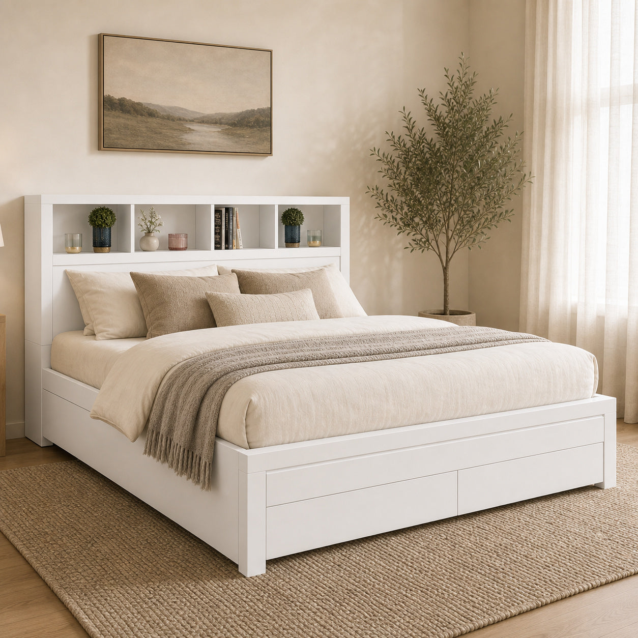 Riviera White Gloss Storage Bed with LED Headboard & Wireless Charging