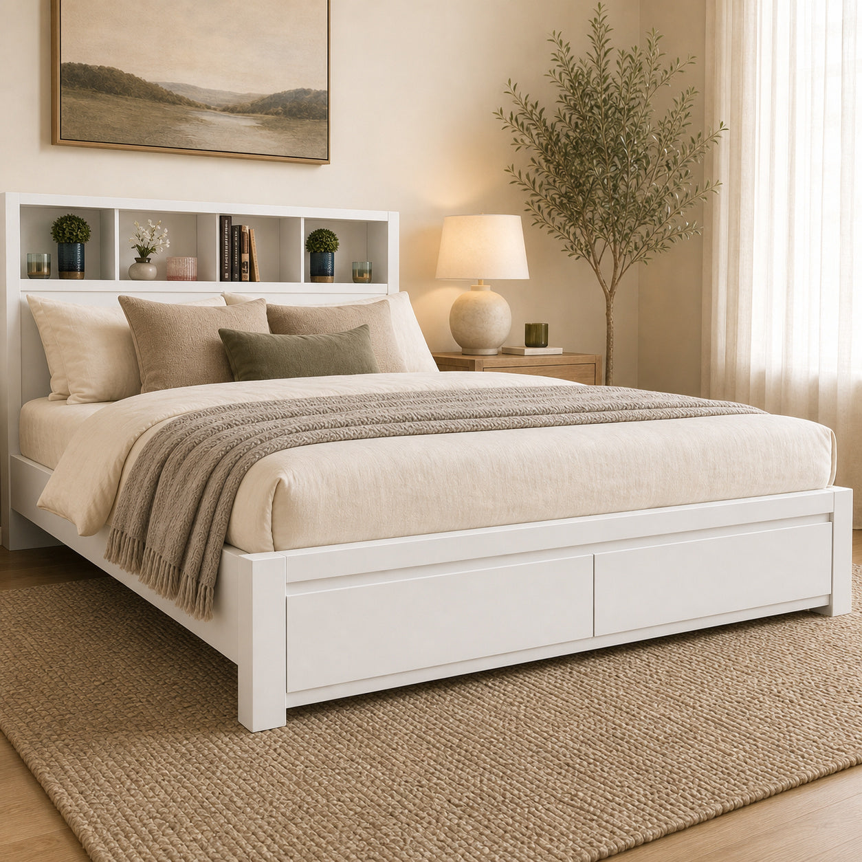 Riviera White Gloss Storage Bed with LED Headboard & Wireless Charging
